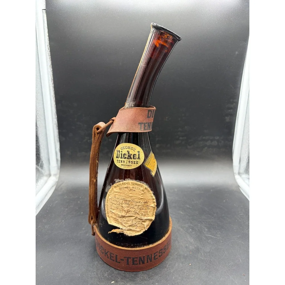 Vintage George Dickel Tennessee Whisky Powder Horn Amber Glass Bottle Leather